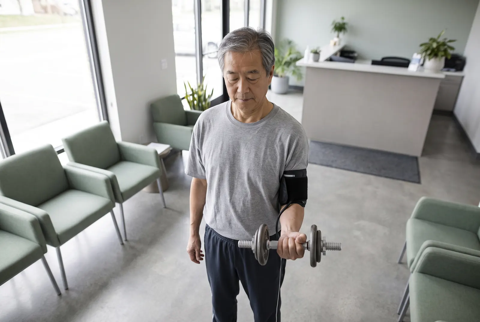 A patient performing a dumbbell curl with a blood flow restriction band fitted on the upper arm