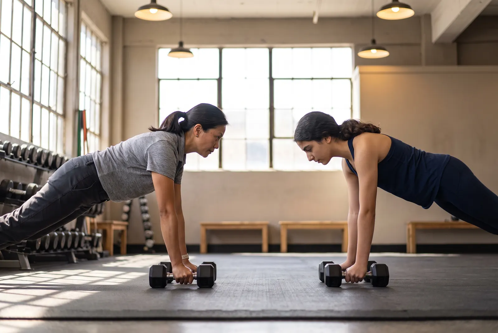 Two patients performing a coached plank exercise as part of a corrective exercise program
