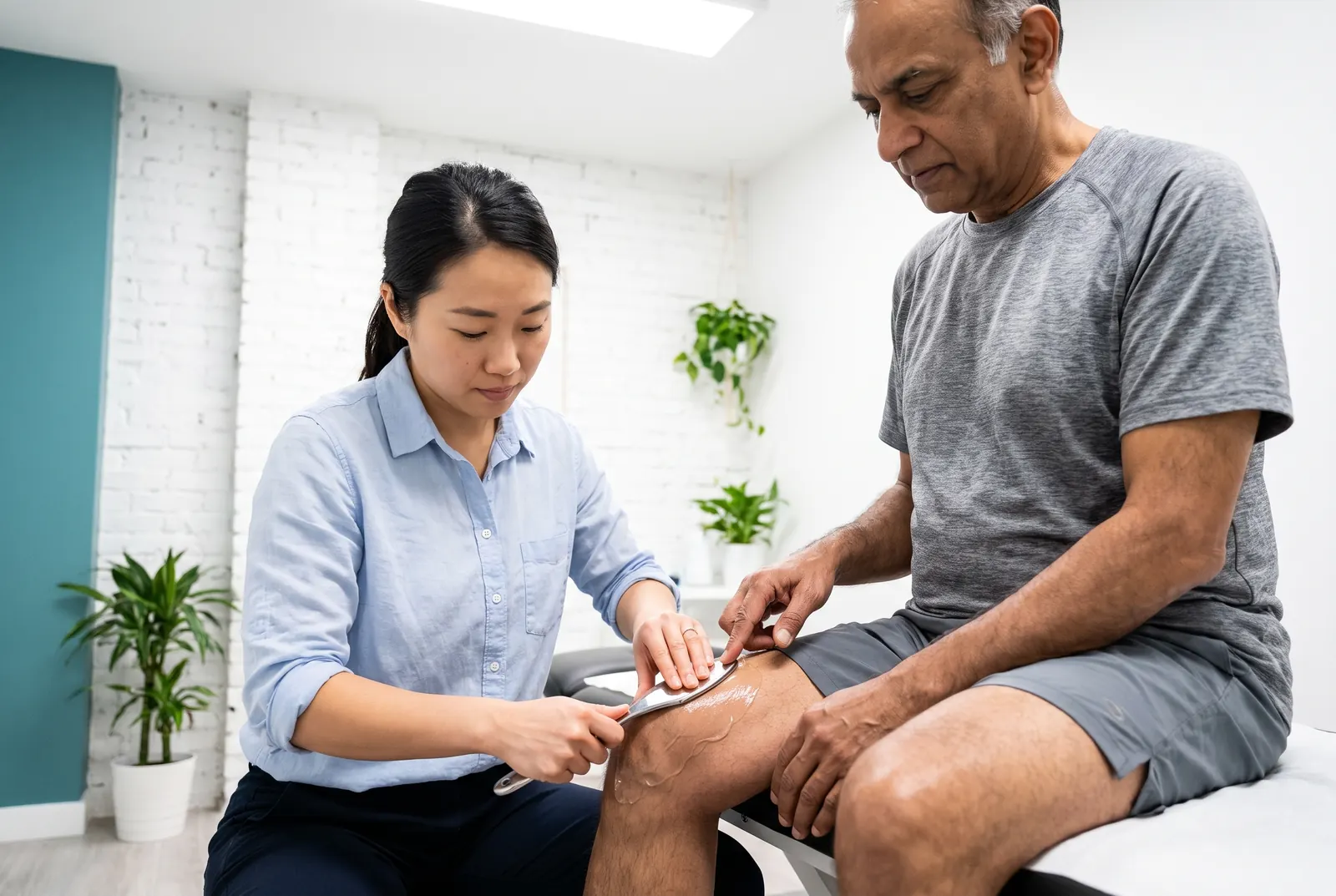 A physical therapist performing instrument-assisted soft tissue mobilization on a patient's knee