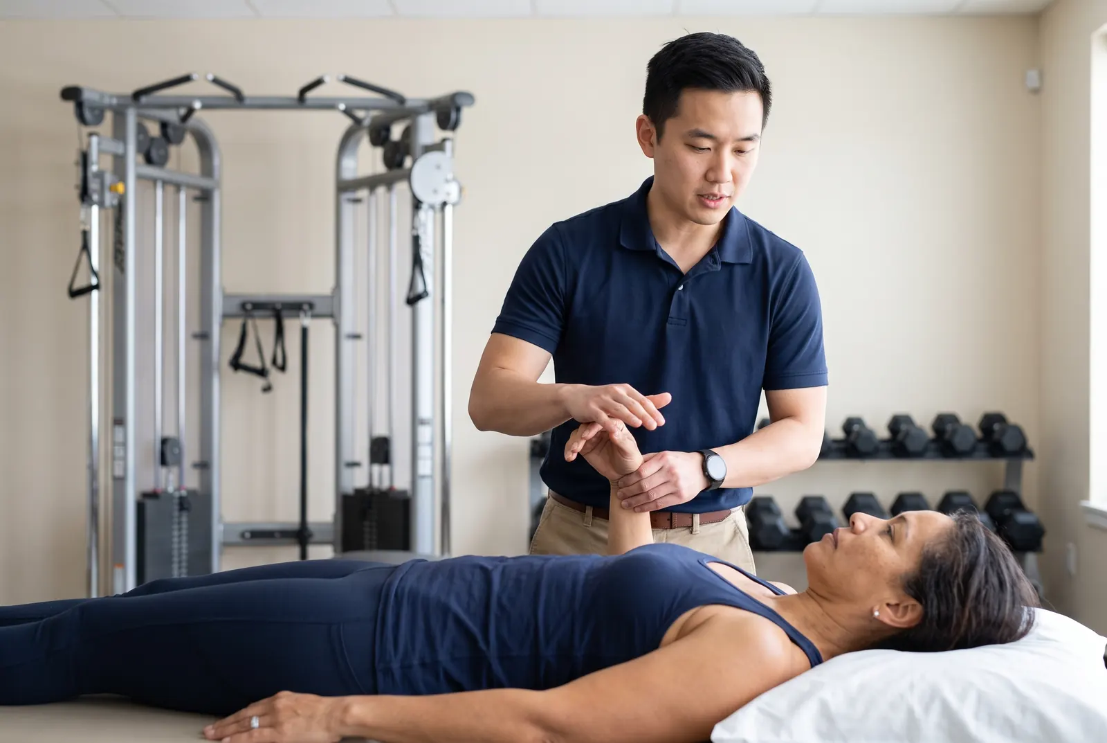 A physical therapist reviewing an activity with a patient at a table as part of patient education
