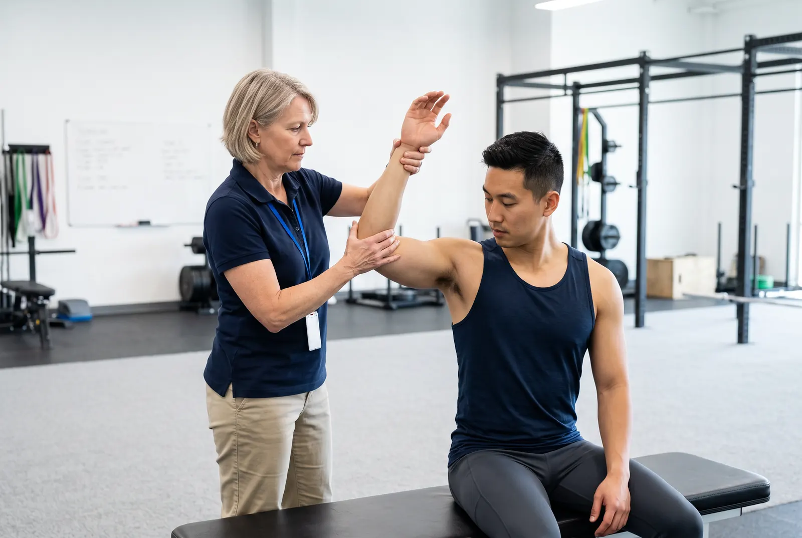 A physical therapist checking a patient's shoulder range of motion during a one-on-one session
