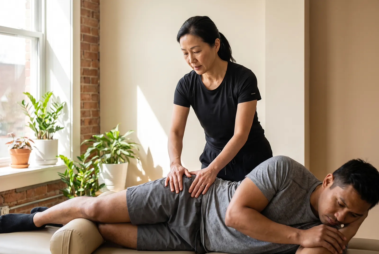 A physical therapist performing a side-lying spinal mobilization technique on a patient