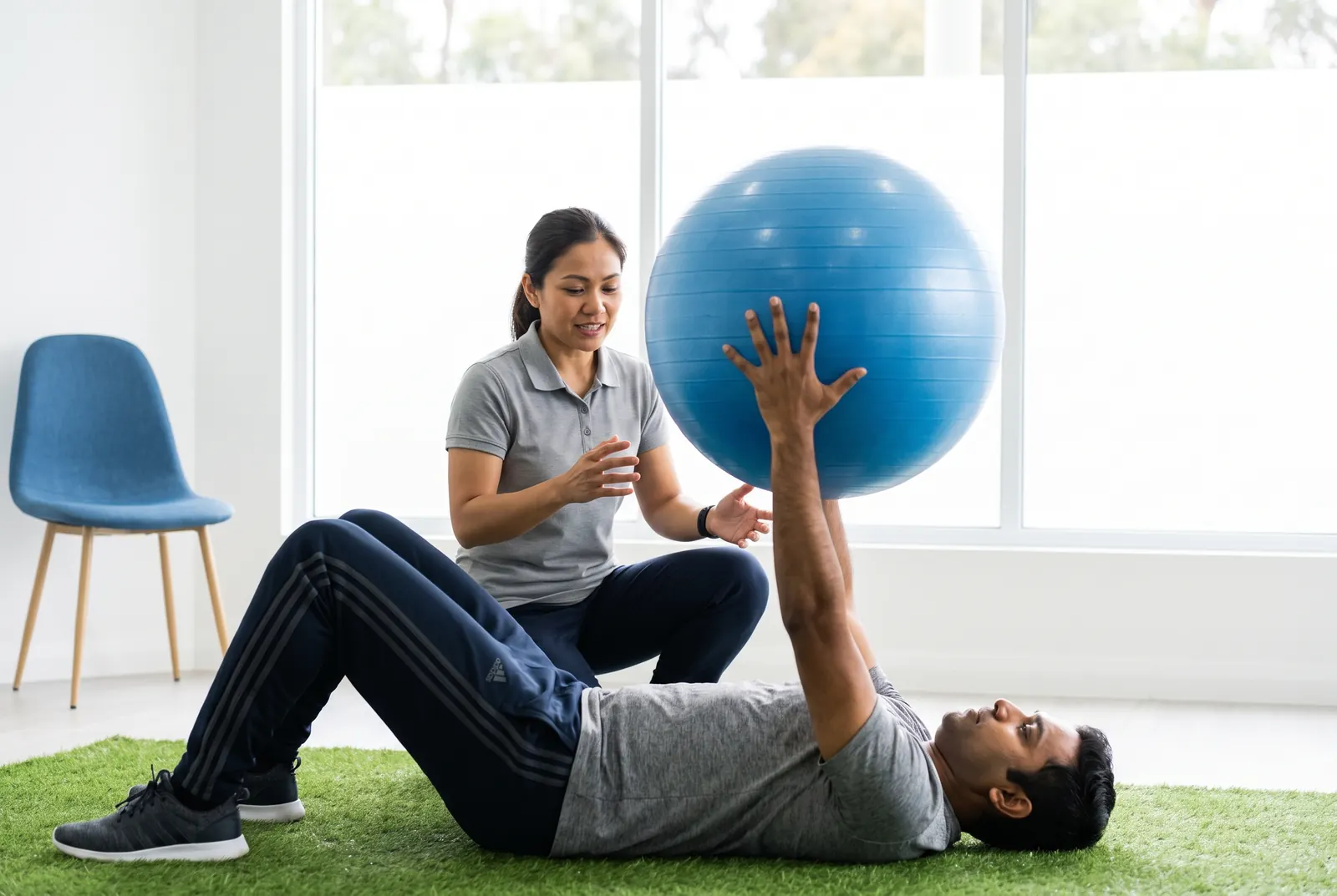 A physical therapist coaching two patients through a core stability exercise