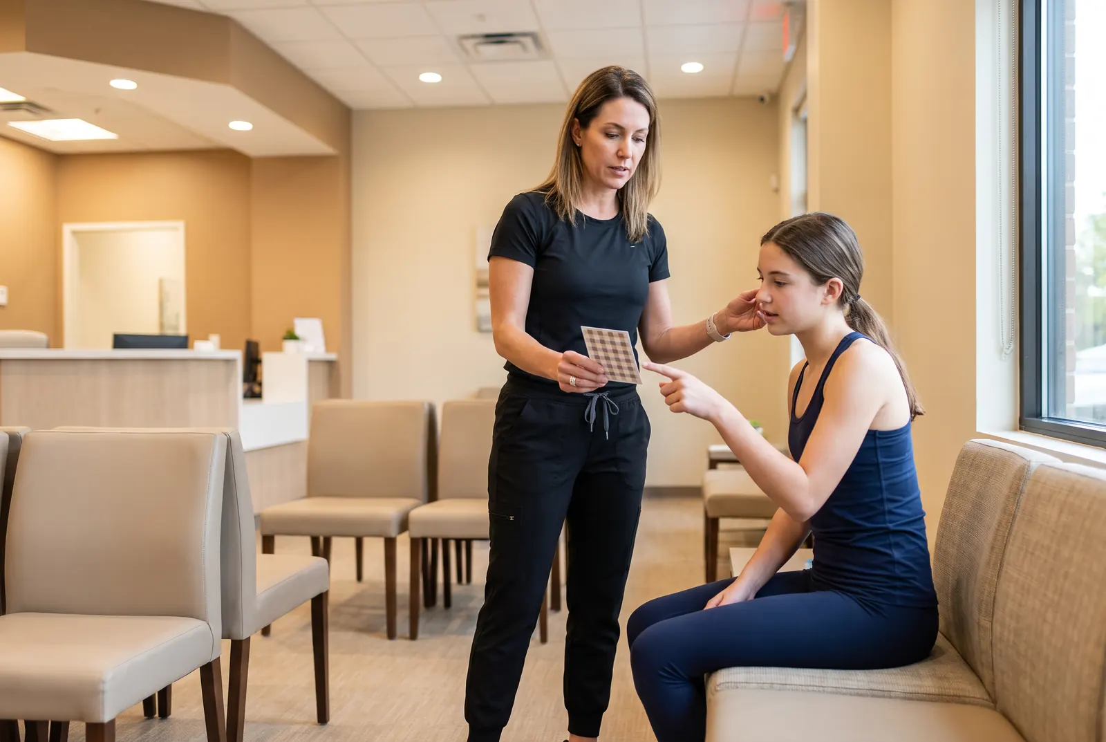 A physical therapist guiding a patient through a visual gaze-tracking exercise for vestibular therapy