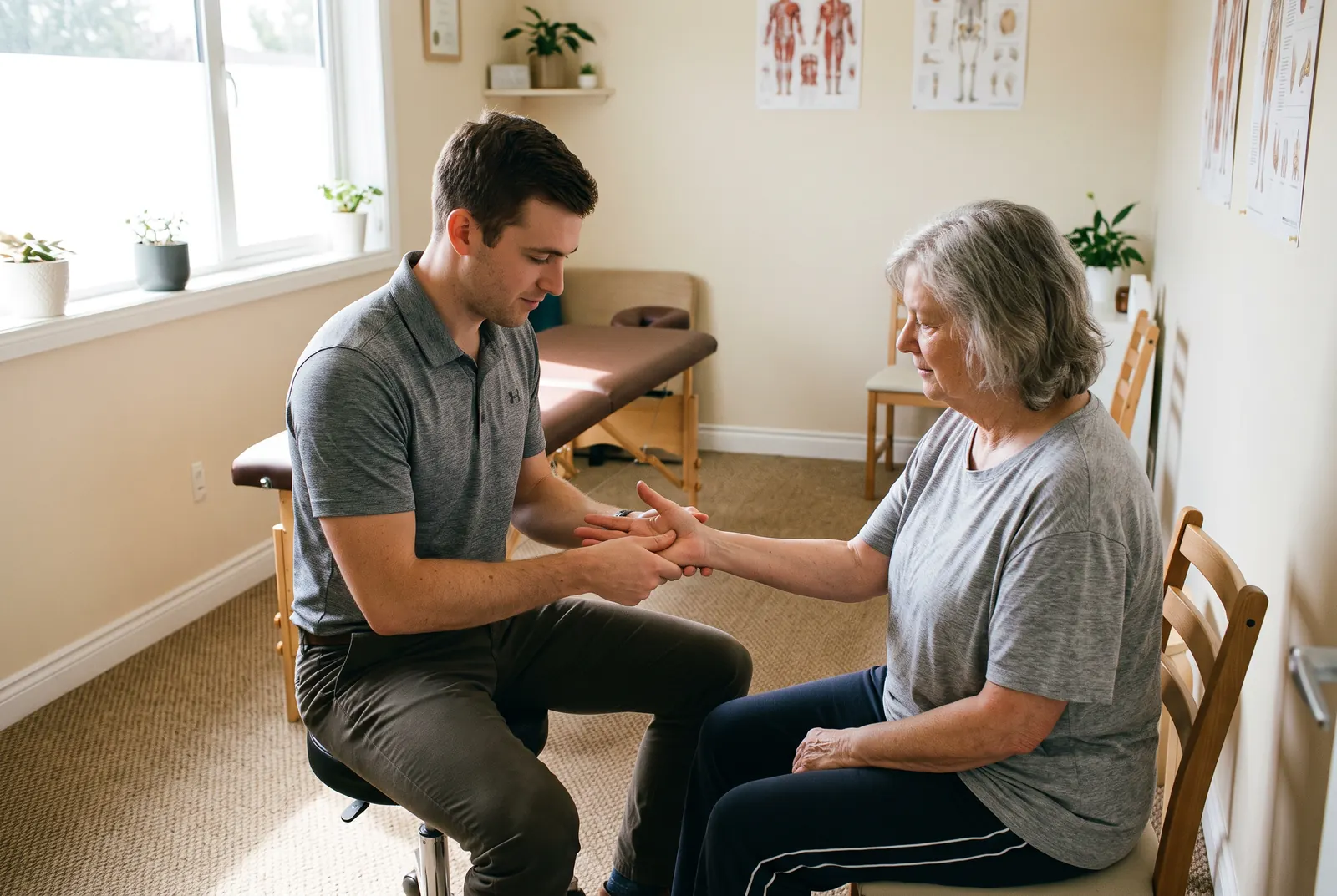 A physical therapist gently examining a patient's hand and wrist for arthritis