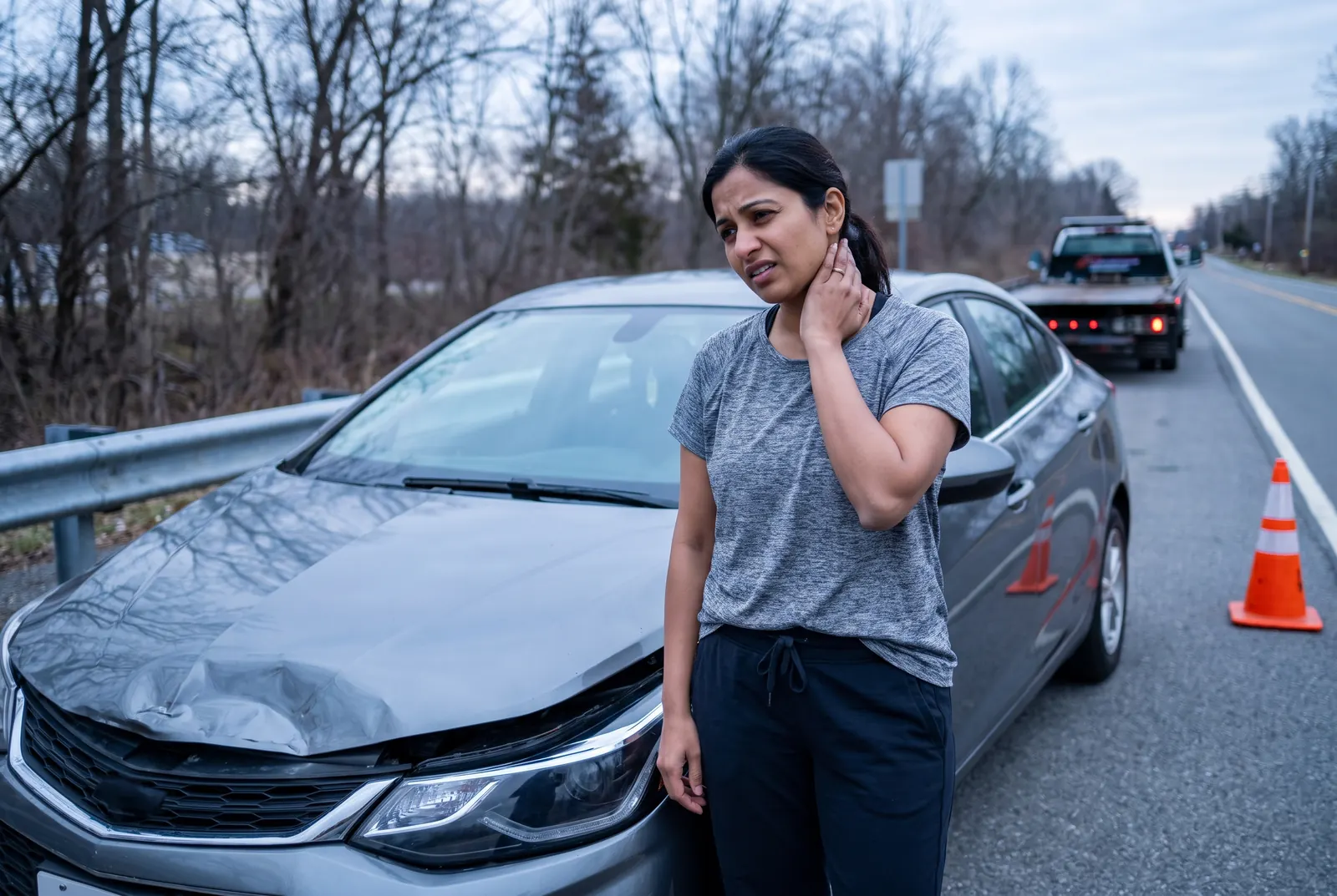 A woman holding her neck after a car accident, the kind of injury treated in auto and work injury rehab