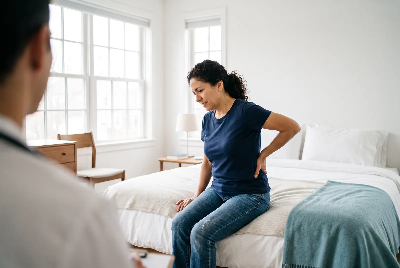 A woman sitting on the edge of a bed holding her lower back in pain