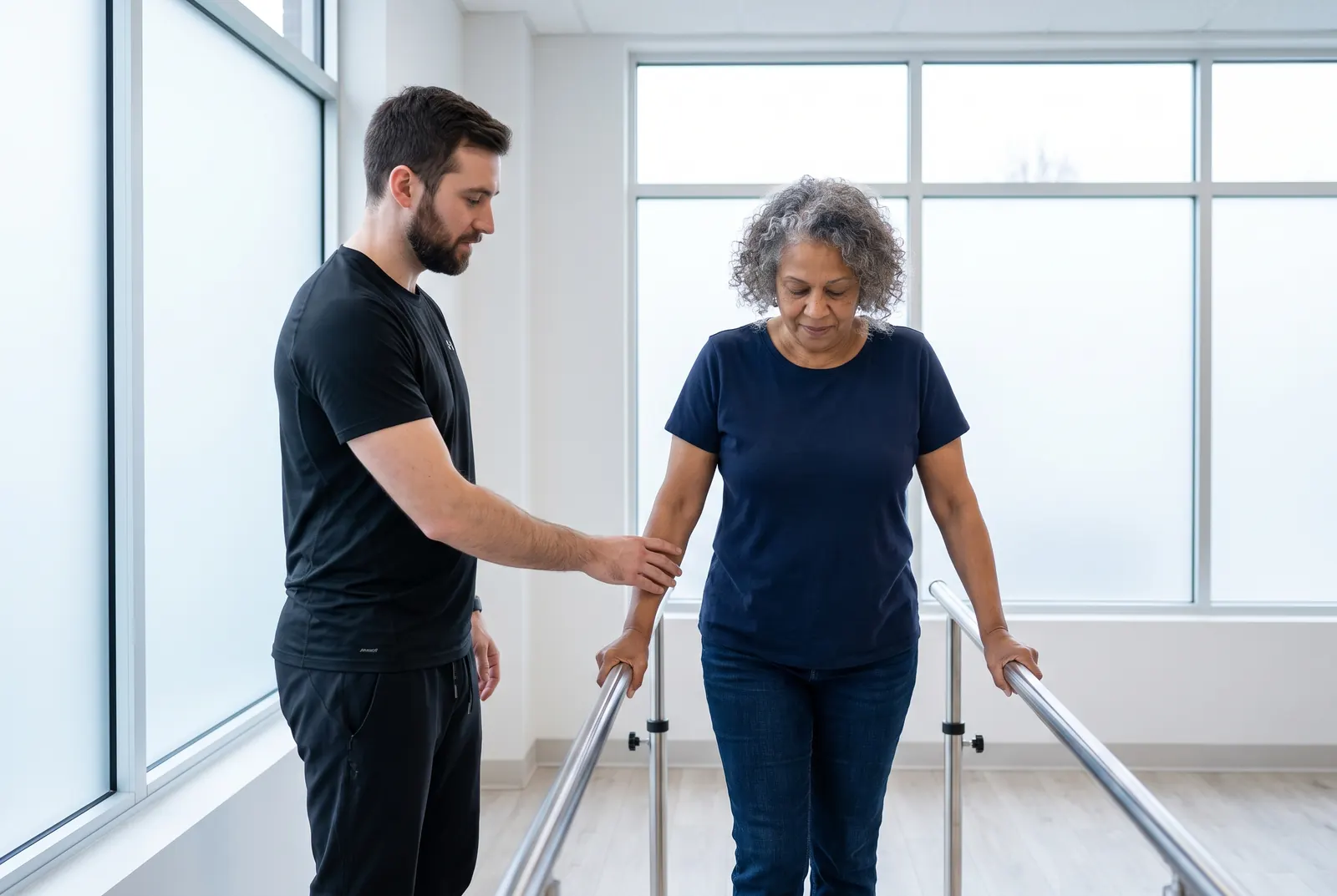 A physical therapist assisting a patient with gait training using parallel bars