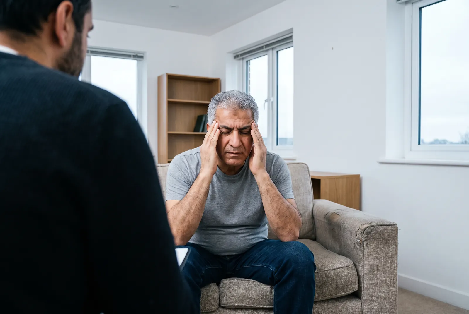 A man holding his head, experiencing the dizziness and vertigo symptoms physical therapy can treat