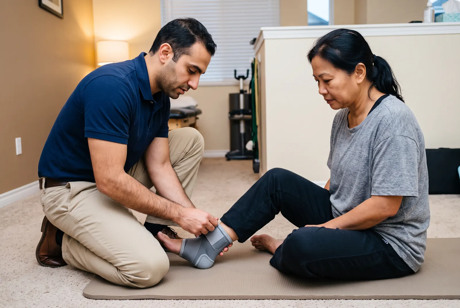 A physical therapist performing hands-on treatment of a patient's ankle
