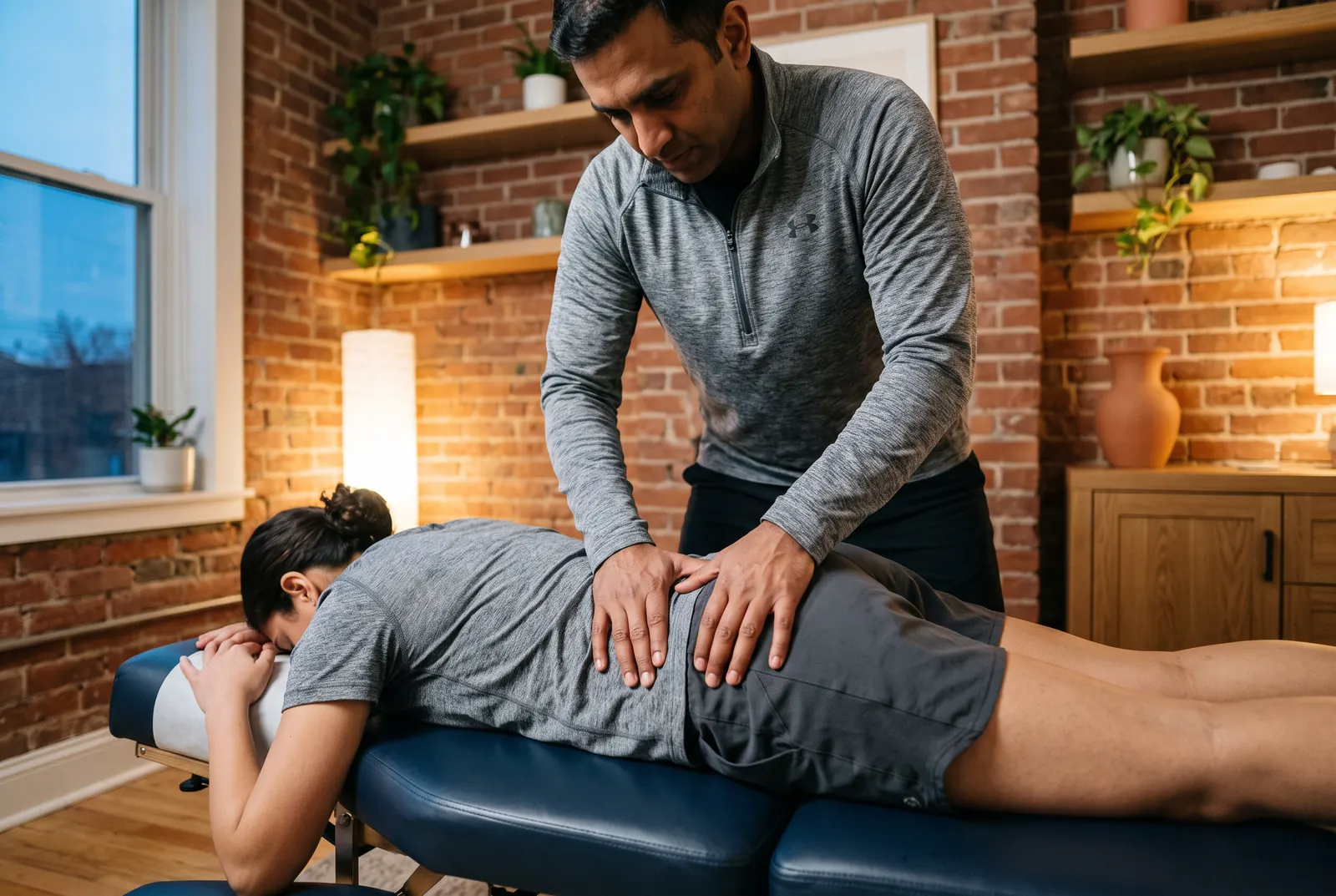 A physical therapist performing a hands-on hip mobilization technique on a patient