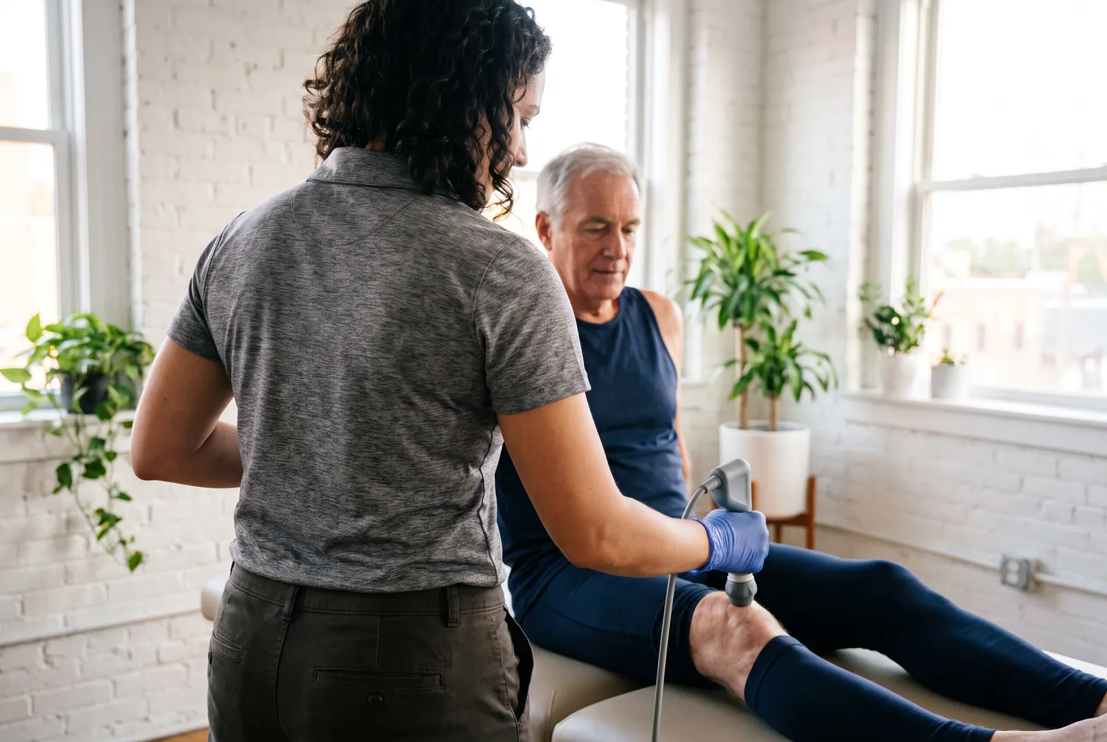 A physical therapist taping a patient's wrist to support a painful joint