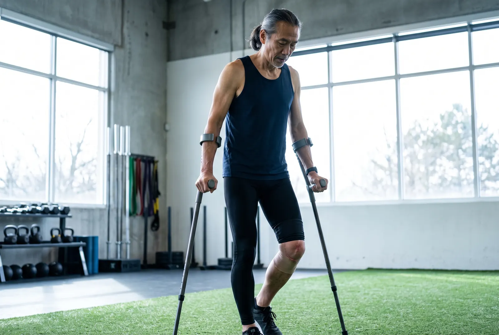 A physical therapist assisting a patient walking with crutches during joint replacement recovery