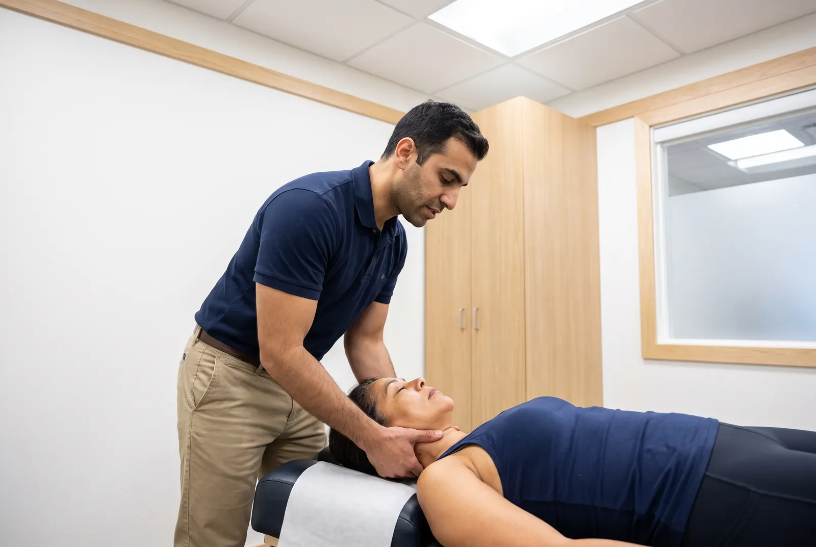 A physical therapist performing hands-on cervical treatment on a patient lying down