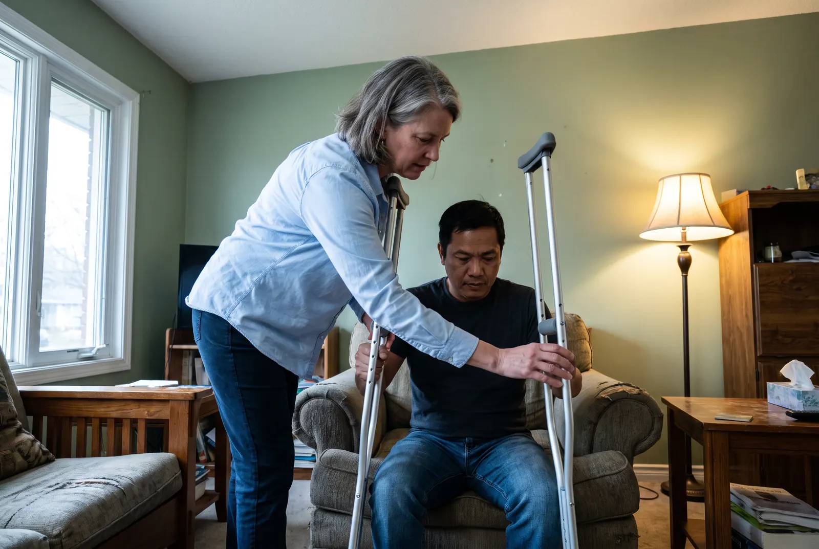 A physical therapist assisting a patient walking with crutches after surgery