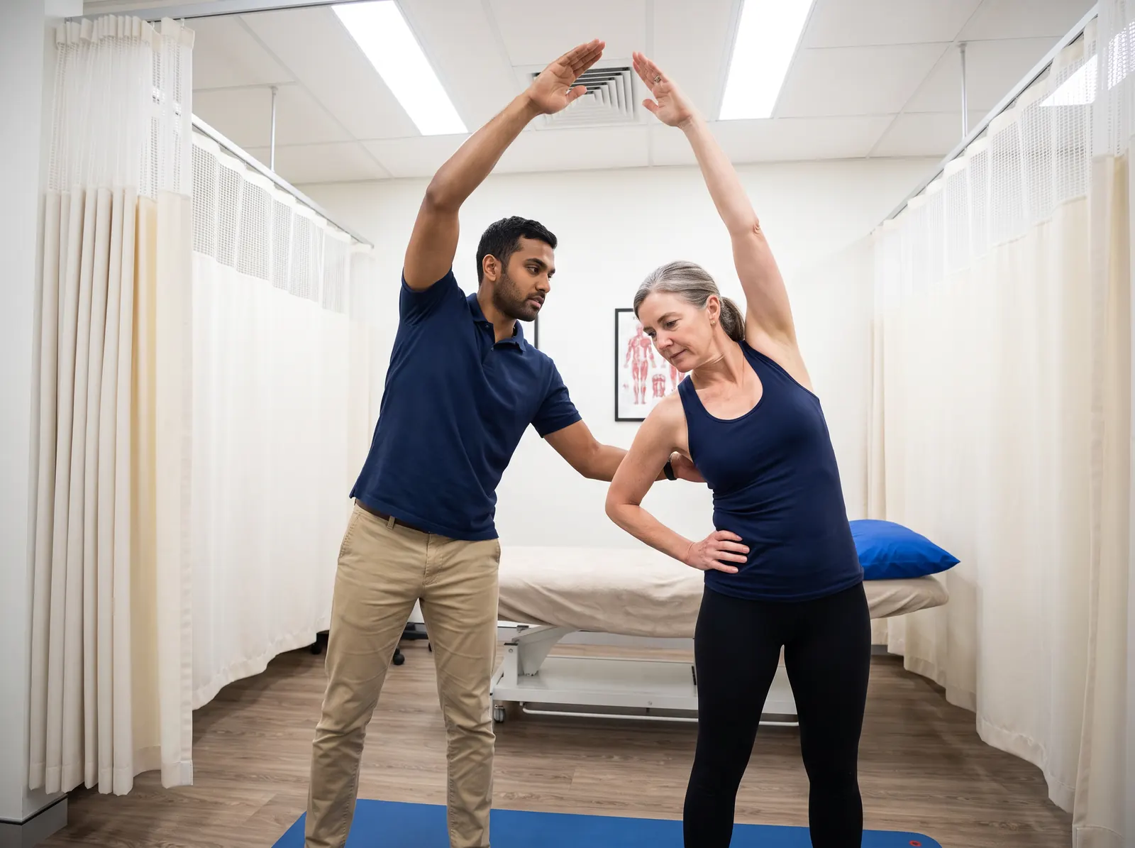 A physical therapist guiding an adult patient through a standing side-bend stretch to assess spinal mobility