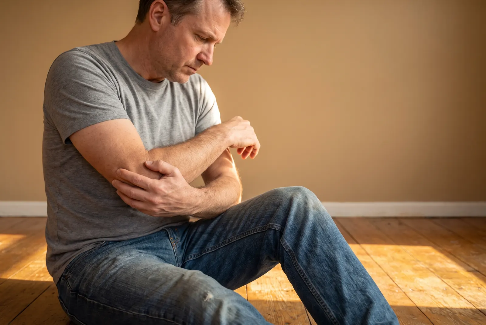 A man holding his elbow in pain from tendinitis